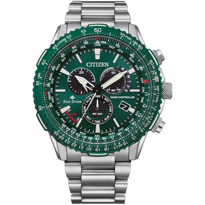 Citizen  Promaster Eco-Drive Radio Controlled Herrklocka CB5004-59W analog herrklocka med grön urtavla och armband i rostfritt stål
