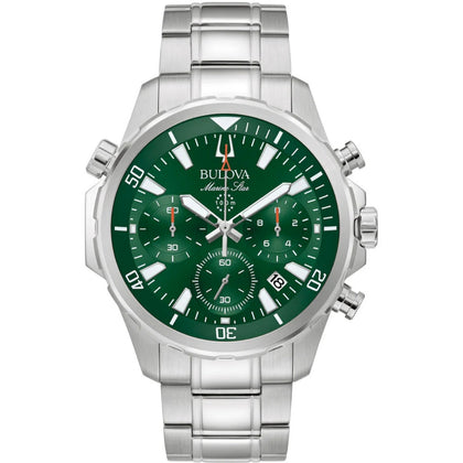 Bulova Marine Star 96B396 analog herrklocka med grön urtavla och armband i rostfritt stål