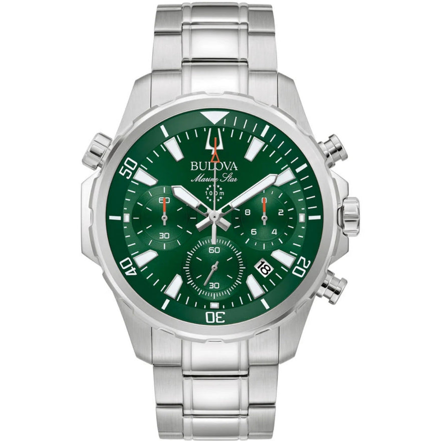 Bulova Marine Star 96B396 analog herrklocka med grön urtavla och armband i rostfritt stål