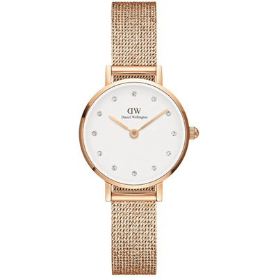 Petite Lumine Pressed Melrose DW00100529 analog damklocka med vit urtavla och armband i rostfritt stål