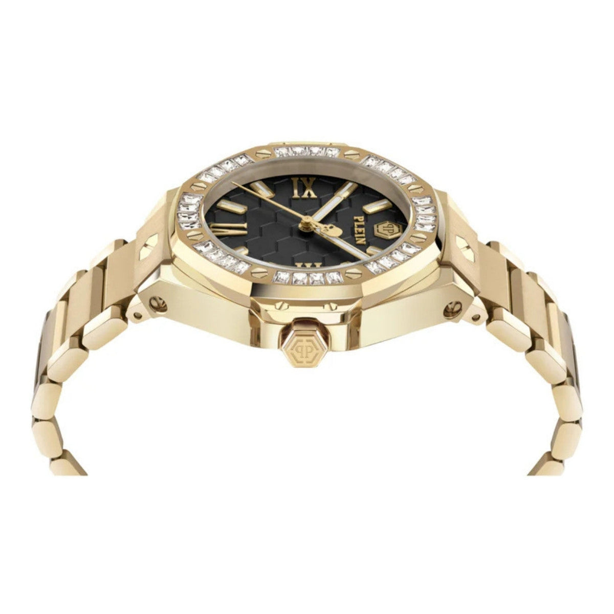 Philipp Plein Royal Gold PWBDA0824 analog damklocka med svart urtavla och armband i rostfritt stål