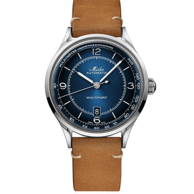 Mido Multifort Patrimony M040.407.16.040.00 analog herrklocka med blå urtavla och armband i läder