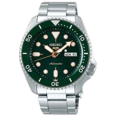 SEIKO 5 Sports SRPD63K1 analog herrklocka med grön urtavla och armband i rostfritt stål