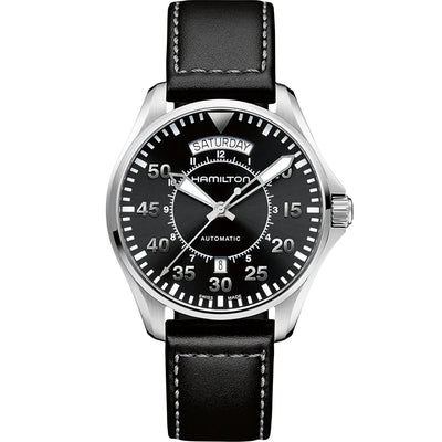 Hamilton Khaki Aviation Pilot Day Date Auto H64615735 analog herrklocka med svart urtavla och armband i läder