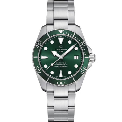 Certina DS Action Diver Powermatic 80 C032.807.11.091.00 analog herrklocka med grön urtavla och armband i rostfritt stål