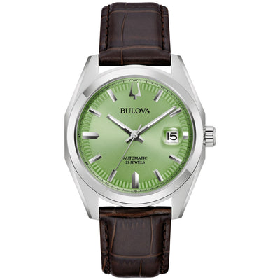 Bulova Surveyor 96B427 analog herrklocka med grön urtavla och armband i läder