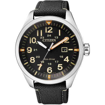 Citizen Eco-Drive AW5000-24E analog herrklocka med svart urtavla och armband i nylon