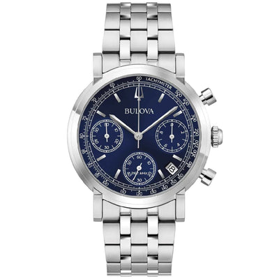 Bulova Classic Kronograf 96B458 analog herrklocka med blå urtavla och armband i rostfritt stål