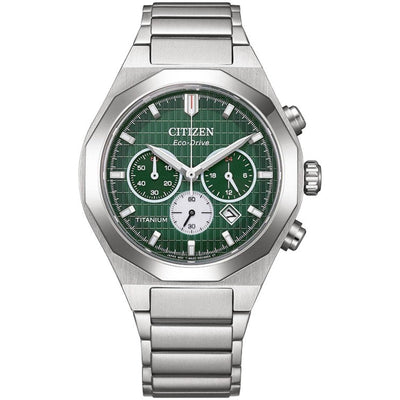 Citizen Zenshin Senkei Super Titanium CA4691-59X analog herrklocka med grön urtavla och armband i titan