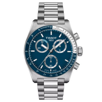 Tissot PR516 Kronograf T149.417.11.041.00 analog herrklocka med blå urtavla och armband i rostfritt stål