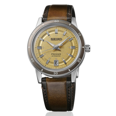 Seiko 60's Presage SRPL75J1 analog herrklocka med gul urtavla och armband i läder