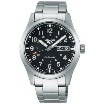 Seiko 5 Sports Automatic SRPG27K1 analog herrklocka med svart urtavla och armband i rostfritt stål