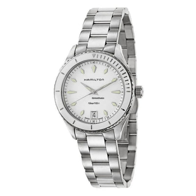 Hamilton Jazzmaster Seaview H37411911 analog damklocka med vit urtavla och armband i rostfritt stål
