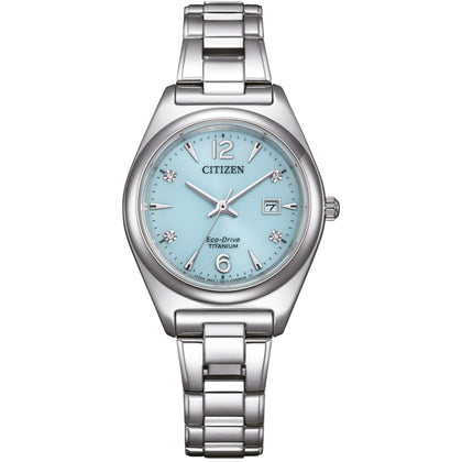 Citizen Super Titanium EW2601-81M analog damklocka med blå urtavla och armband i titan