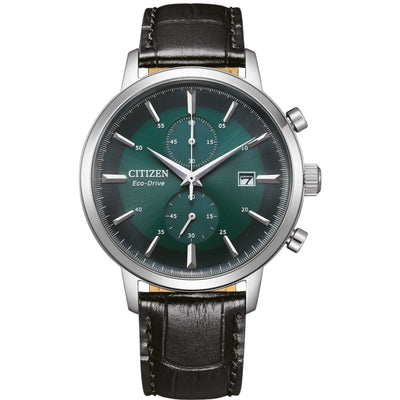 Citizen Kronograf Eco-Drive CA7069-24X analog herrklocka med grön urtavla och armband i läder