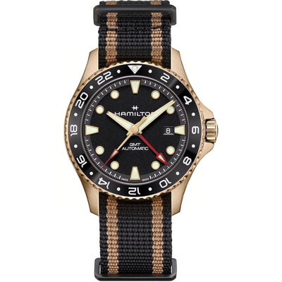 Hamilton Khaki Navy Scuba Automatic GMT H82565930 analog herrklocka med svart urtavla och armband i textil