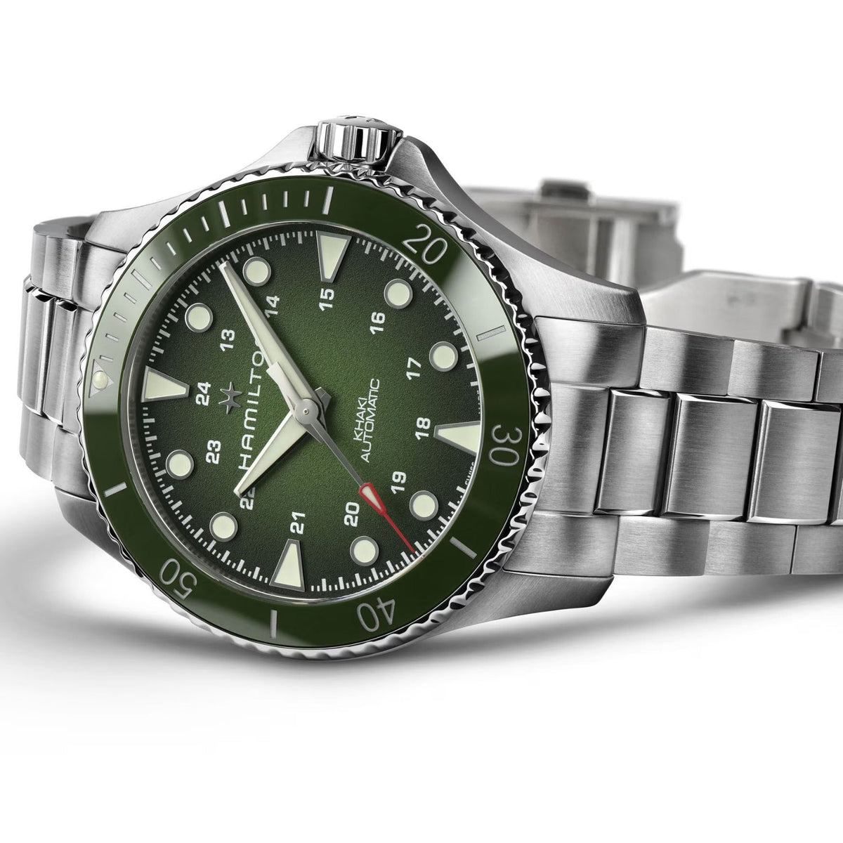 Hamilton Khaki Navy Scuba H82525160 analog herrklocka med grön urtavla och armband i rostfritt stål