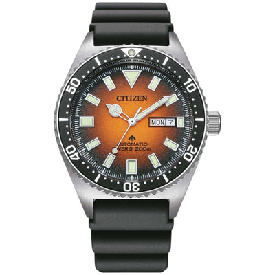 Citizen Promaster Automatic NY0120-01Z analog herrklocka med orange urtavla och armband i silikon