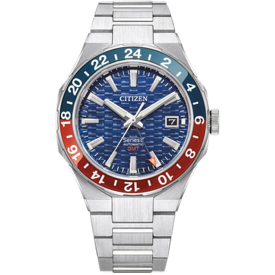 Citizen Series 8 GMT NB6030-59L analog herrklocka med blå urtavla och armband i rostfritt stål