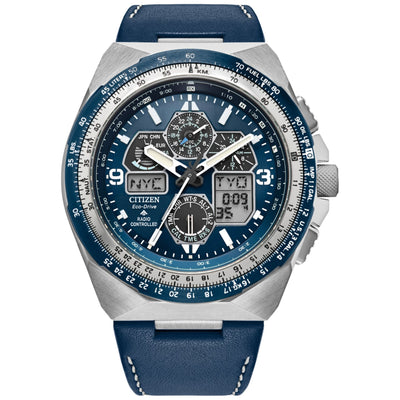 Citizen Promaster Skyhawk JY8148-08L analog herrklocka med blå urtavla och armband i läder