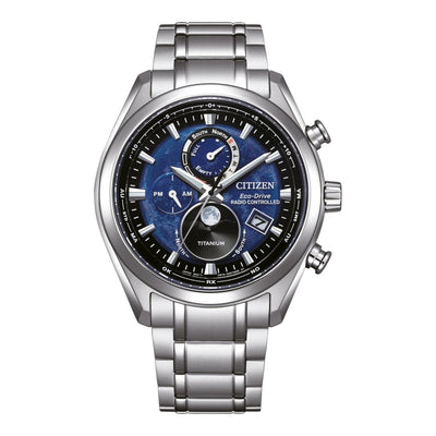 Citizen Tsukiyomi Radio Controlled Moonphase BY1010-81L analog herrklocka med blå urtavla och armband i titan