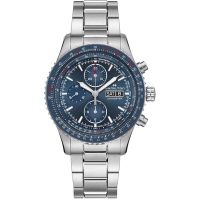 Hamilton Khaki Aviation Converter Auto Chrono H76746140 analog herrklocka med blå urtavla och armband i rostfritt stål