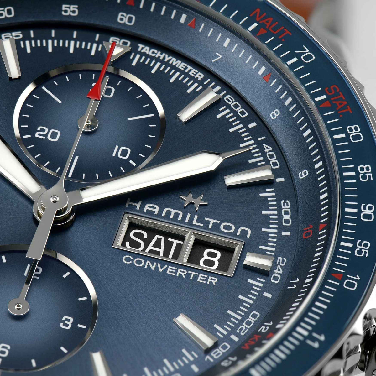 Hamilton Khaki Aviation Converter Auto Chrono H76746140 analog herrklocka med blå urtavla och armband i rostfritt stål
