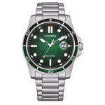 Citizen Marine Eco-Drive AW1811-82X analog herrklocka med grön urtavla och armband i rostfritt stål