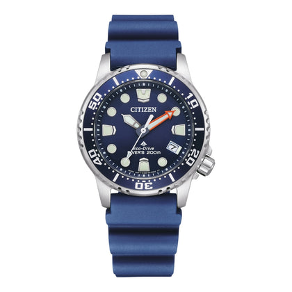 Citizen Eco-Drive Promaster Dive EO2021-05L analog damklocka med blå urtavla och armband i silikon