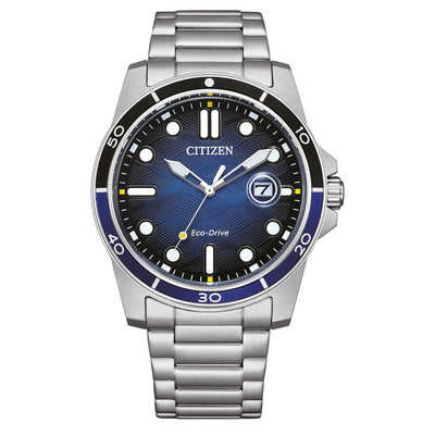 Citizen Eco-Drive Sport Marine AW1810-85L analog herrklocka med blå urtavla och armband i rostfritt stål