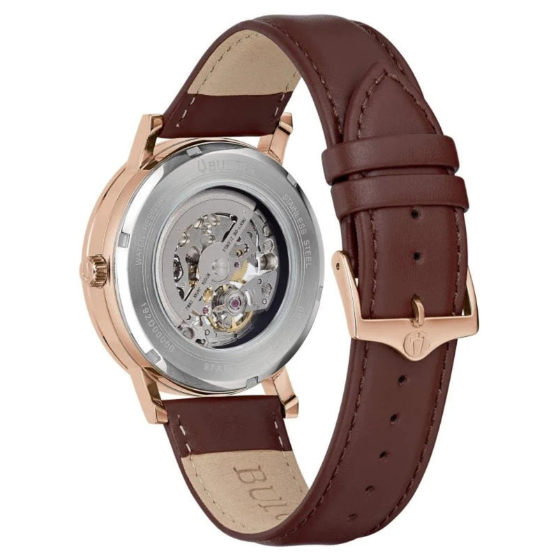 Bulova Clipper Skelethon 97A172 analog herrklocka med silver urtavla och armband i läder