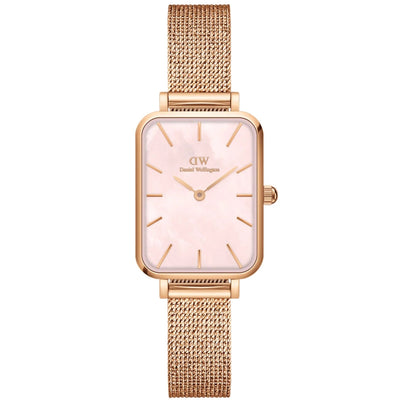 Daniel Wellington Quadro Pressed Melrose DW00100510 analog damklocka med rosa urtavla och armband i rostfritt stål