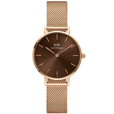 Daniel Wellington Petite Amber analog damklocka med brun urtavla och armband i rostfritt stål