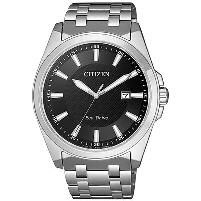 Citizen Eco-Drive BM7108-81E analog herrklocka med svart urtavla och armband i rostfritt stål