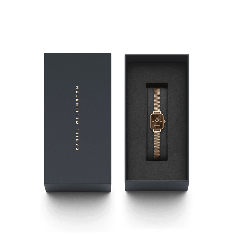 Daniel Wellington Quadro Mini Melrose Rose Gold Amber analog damklocka med brun urtavla och armband i rostfritt stål